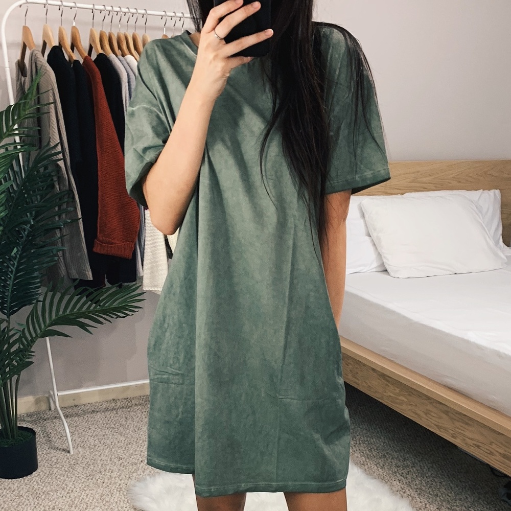 🆕 Olive Green Oil Washed T-Shirt Dress - Picture 6 of 6
